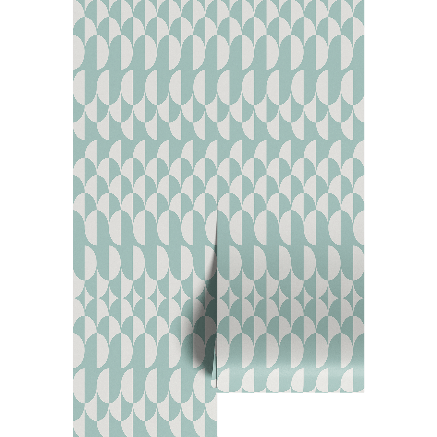 Teal and white geometric patterned wall paper panels.