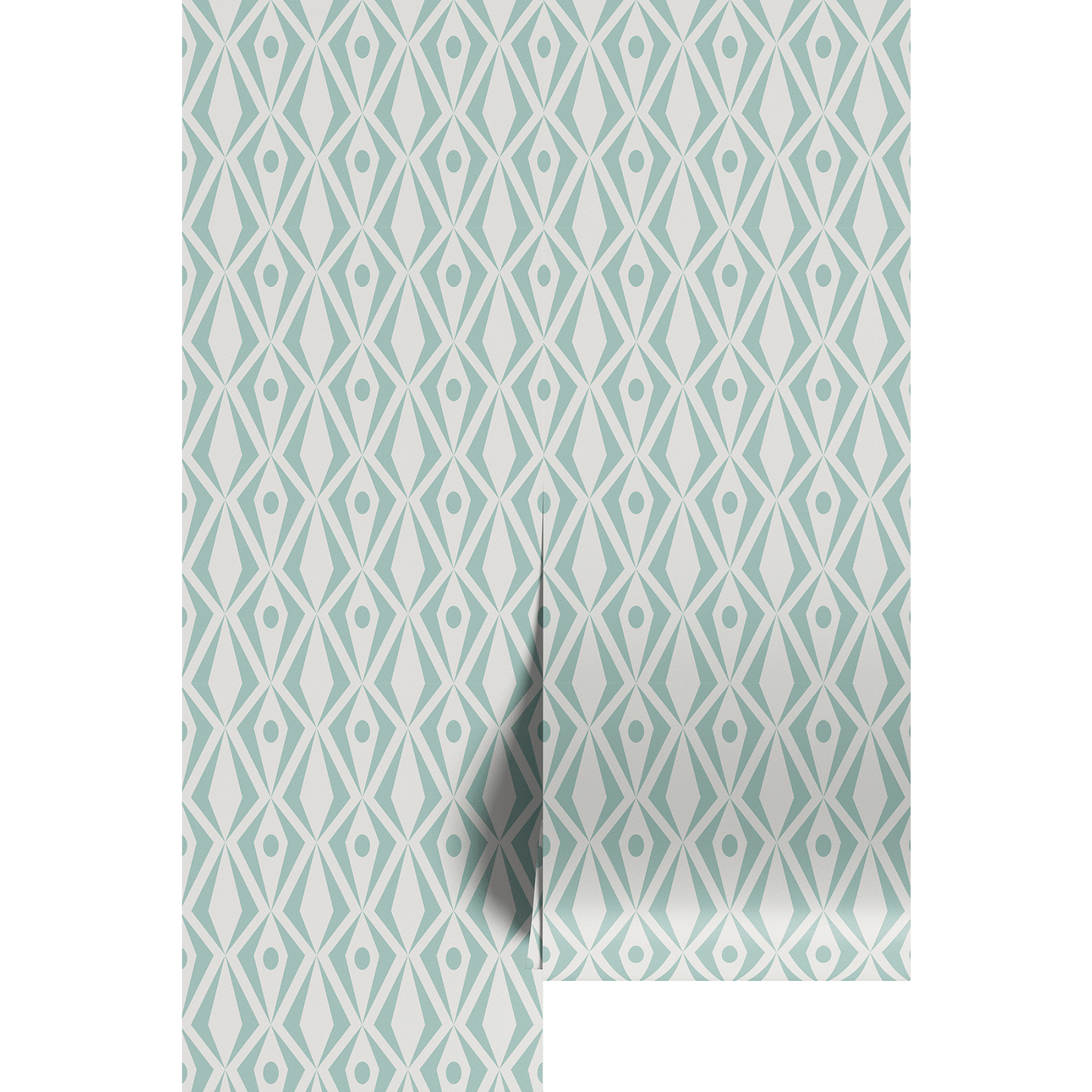 Light teal and white geometric patterned wallpaper panel.