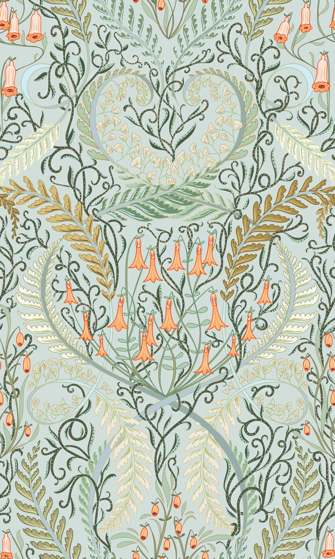 Decorative pattern with floral and leaf designs on a light blue background