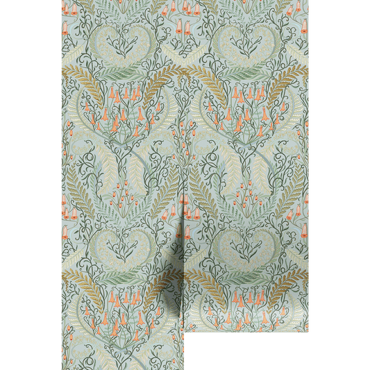 Patterned paper with green and orange floral and botanical design on a white background
