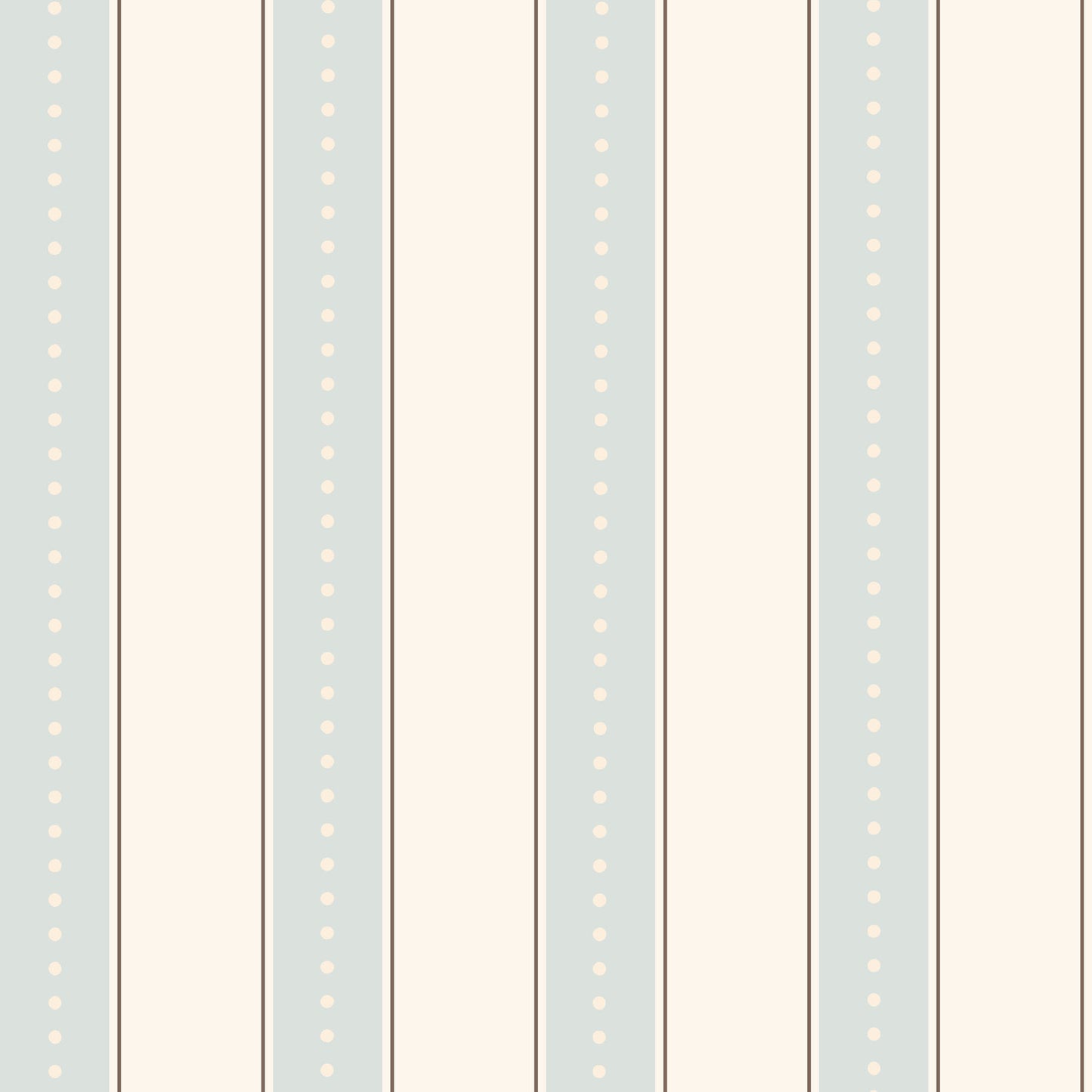 Wallpaper pattern of vertical blue and off white stripes with off white polka dots and thin black outlines.