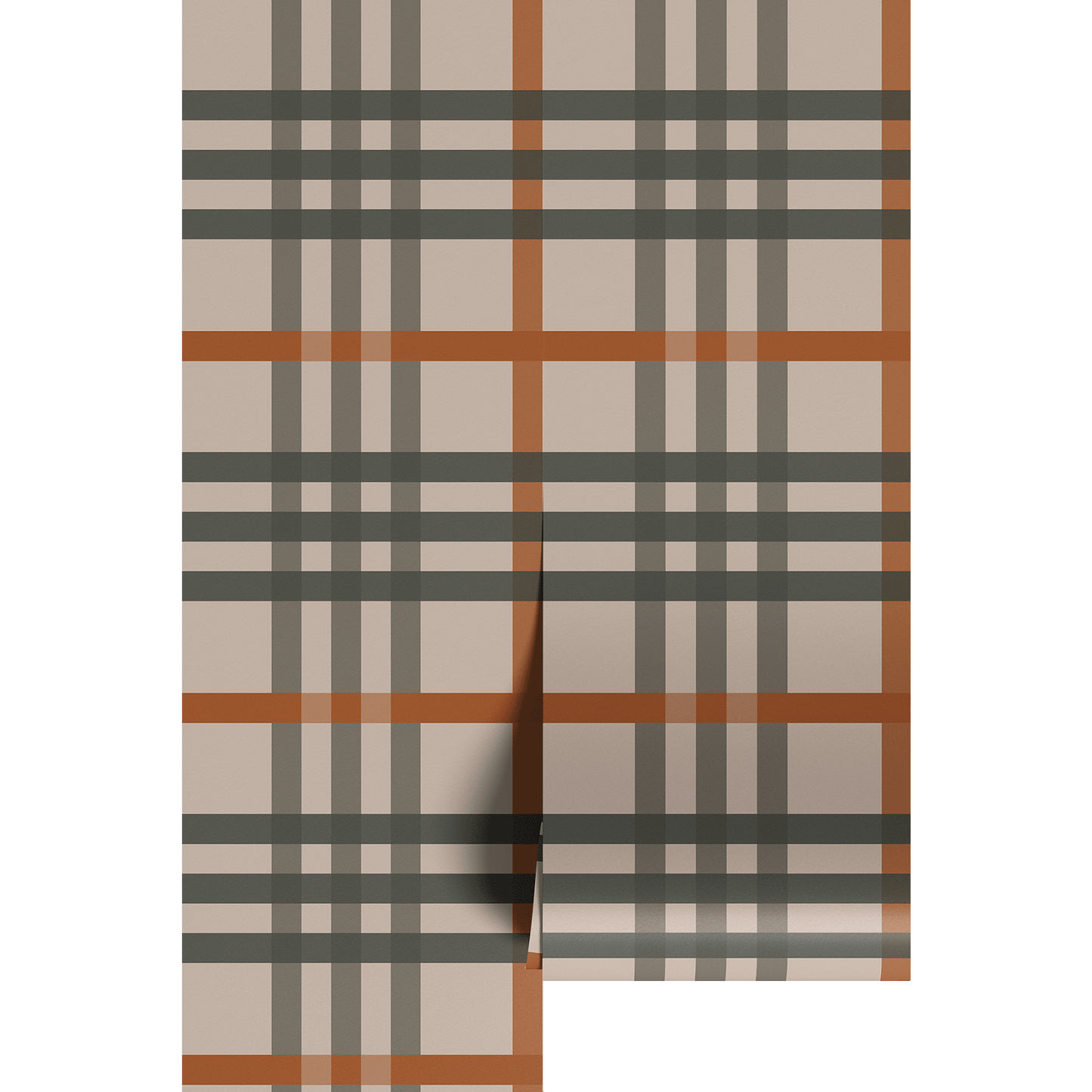 Plaid pattern with brown, green, and beige colors on wallpaper panels.