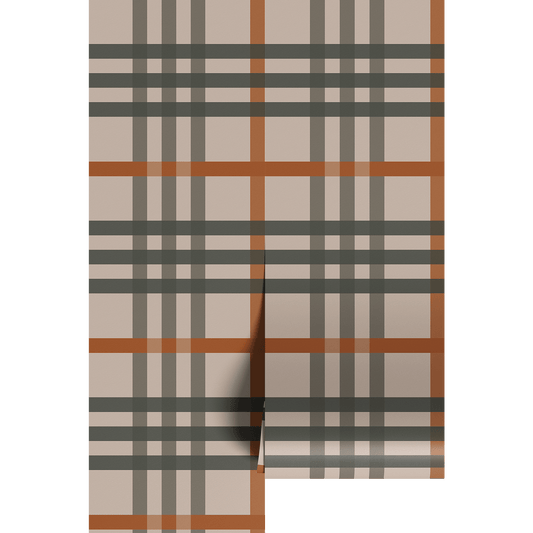 Plaid pattern with brown, green, and beige colors on wallpaper panels.