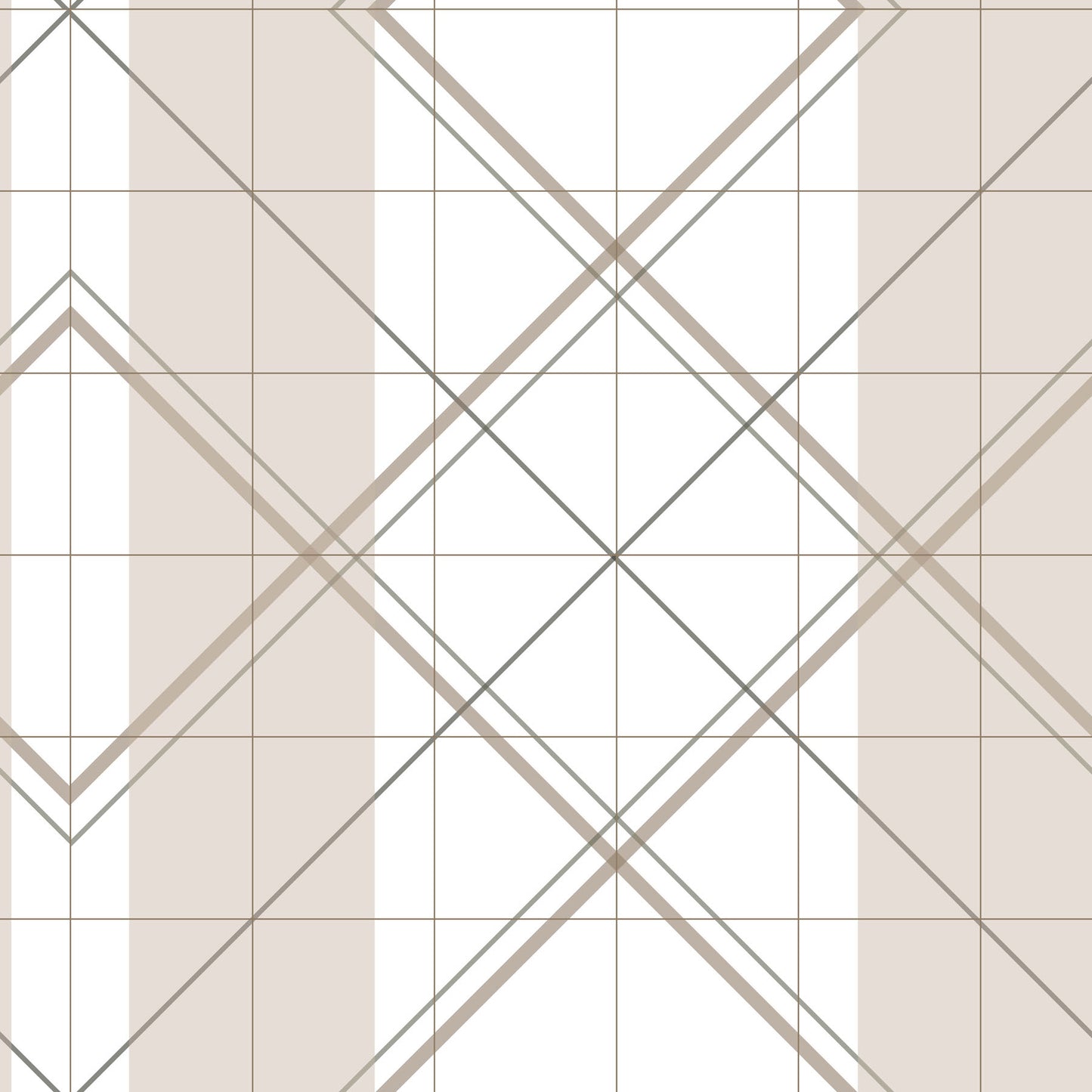 Beige and white geometric wallpaper pattern with diamond shapes and stripes.