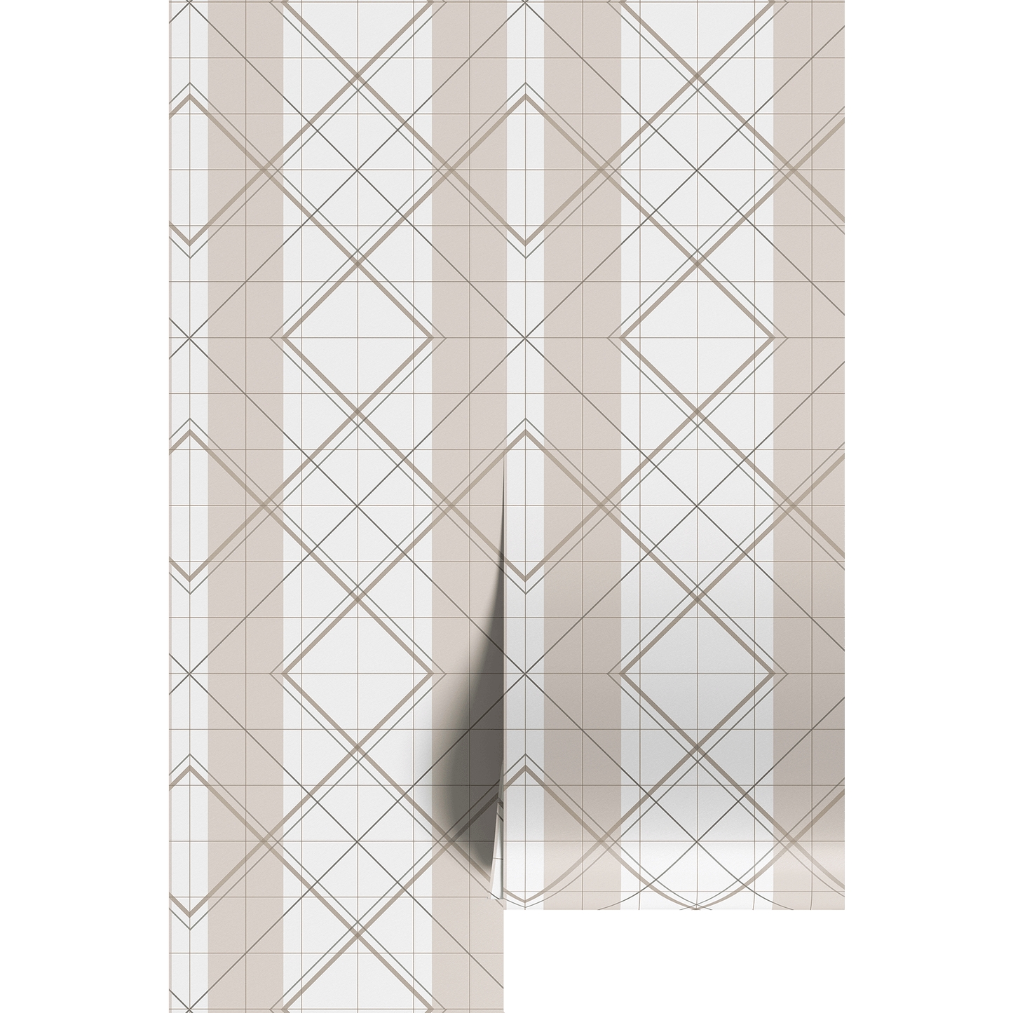 Curtain with gBeige and white geometric wallpaper pattern with diamond shapes and stripes on wallpaper panels. 