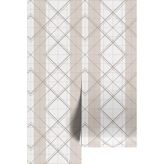 Curtain with gBeige and white geometric wallpaper pattern with diamond shapes and stripes on wallpaper panels. 