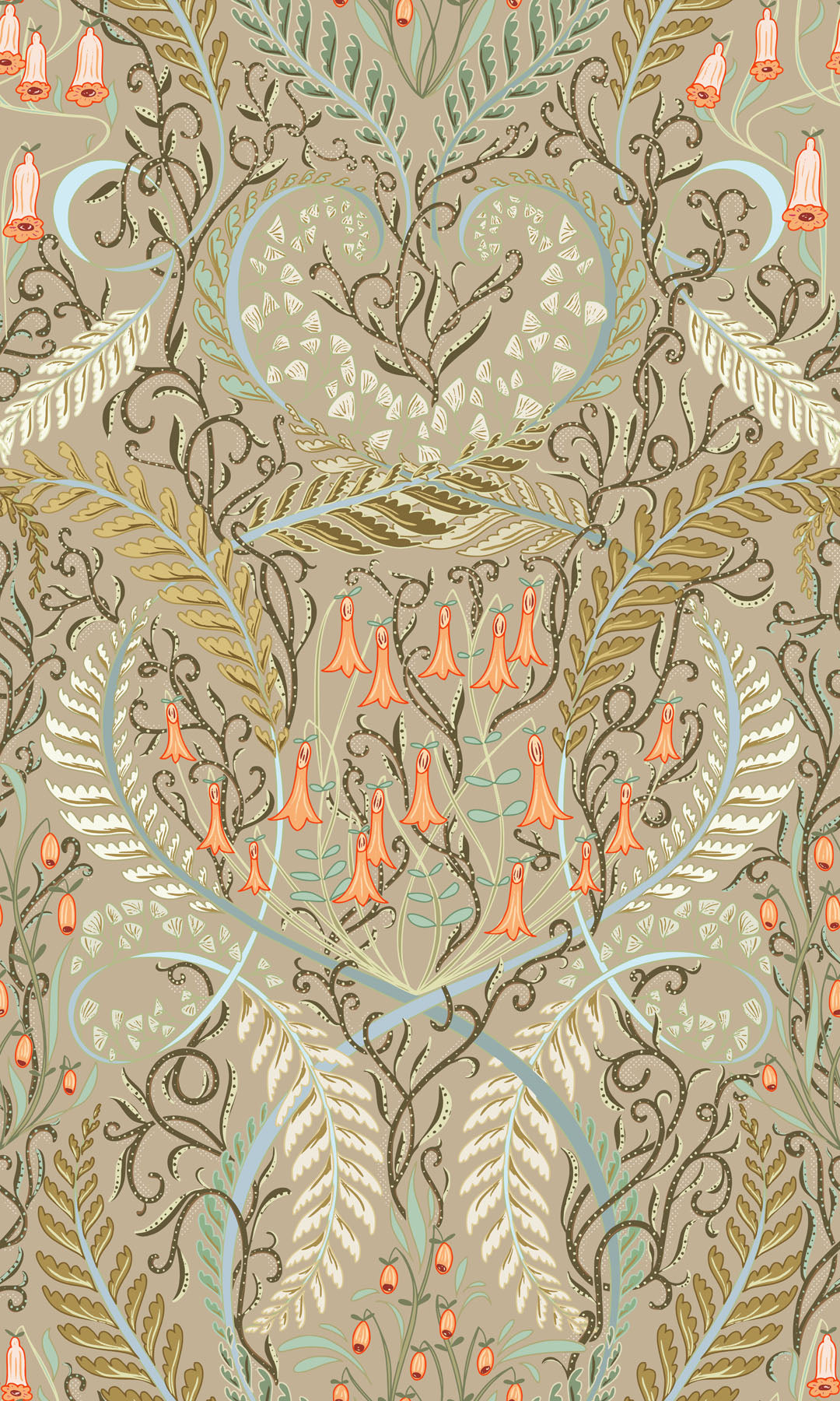 Decorative wallpaper design with intricate patterns botanical and small orange bell flowers on a beige background.
