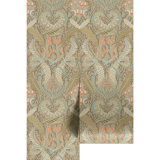 Neutral taupe background with intricate botanical design on wallpaper panels.