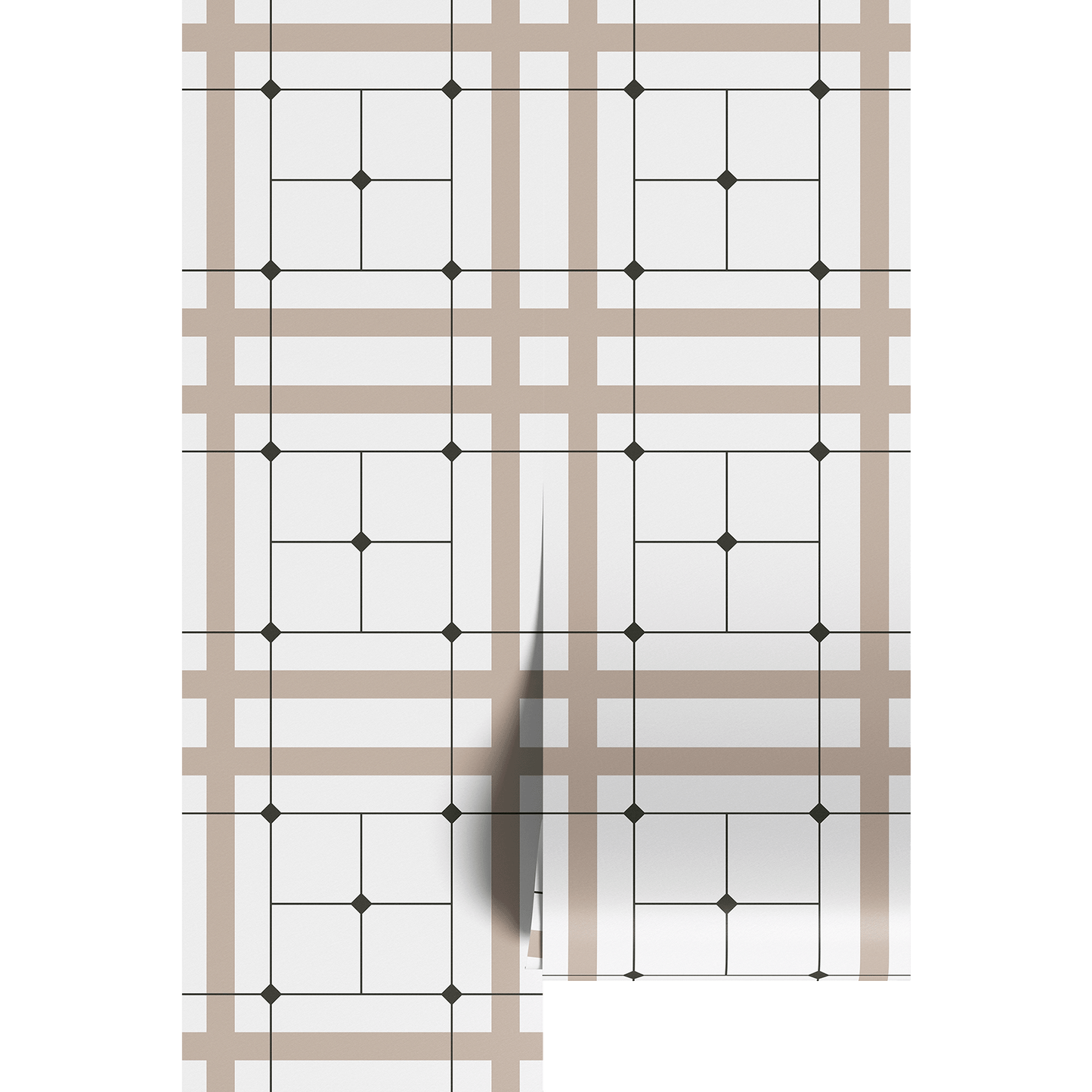 White, beige, and black geometric wallpaper pattern on wallpaper panels.