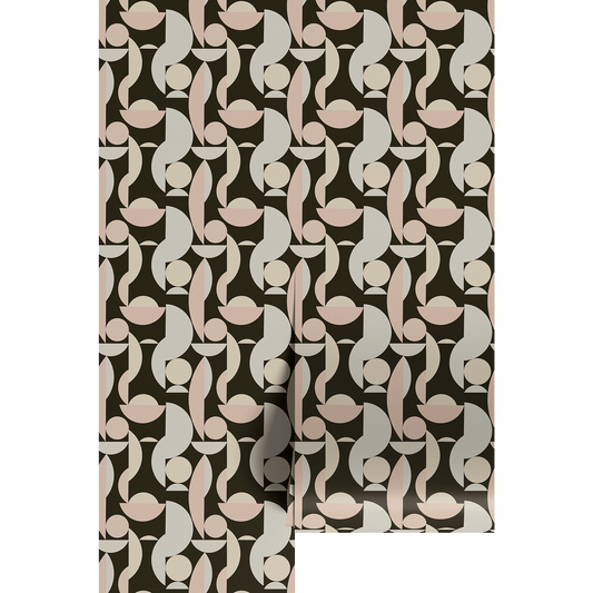Patterned fabric with abstract geometric design on wall paper panels 