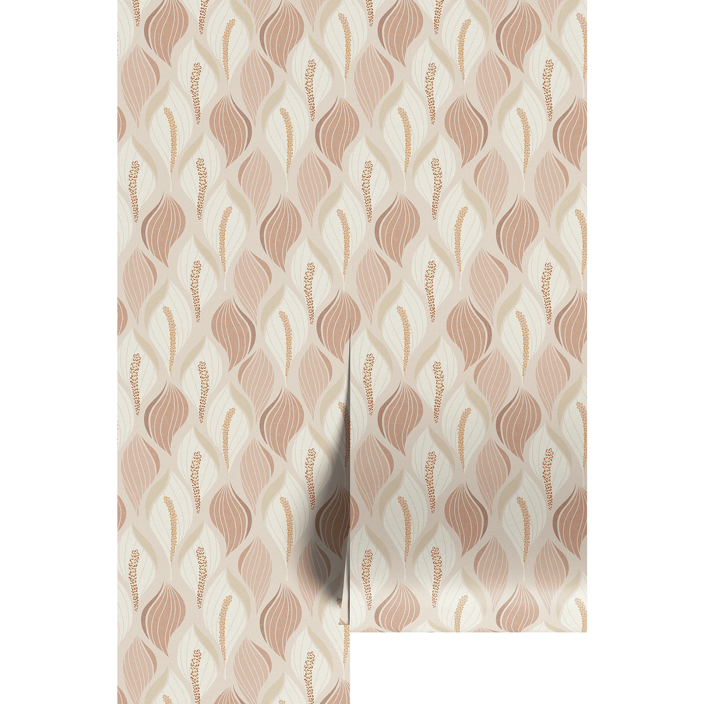 Soft blush botanical wallpaper pattern featuring stylized leaves and delicate floral accents in warm neutral tones, creating a calm, organic mid-century modern aesthetic.