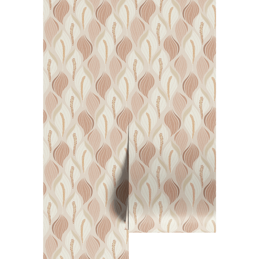 Soft blush botanical wallpaper pattern featuring stylized leaves and delicate floral accents in warm neutral tones, creating a calm, organic mid-century modern aesthetic.