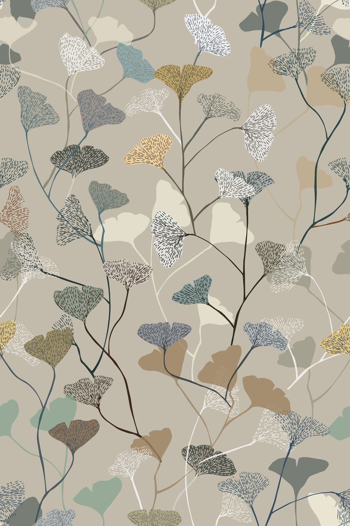 Wallpaper pattern of neutral earthy leaves and branches on a neutral background.