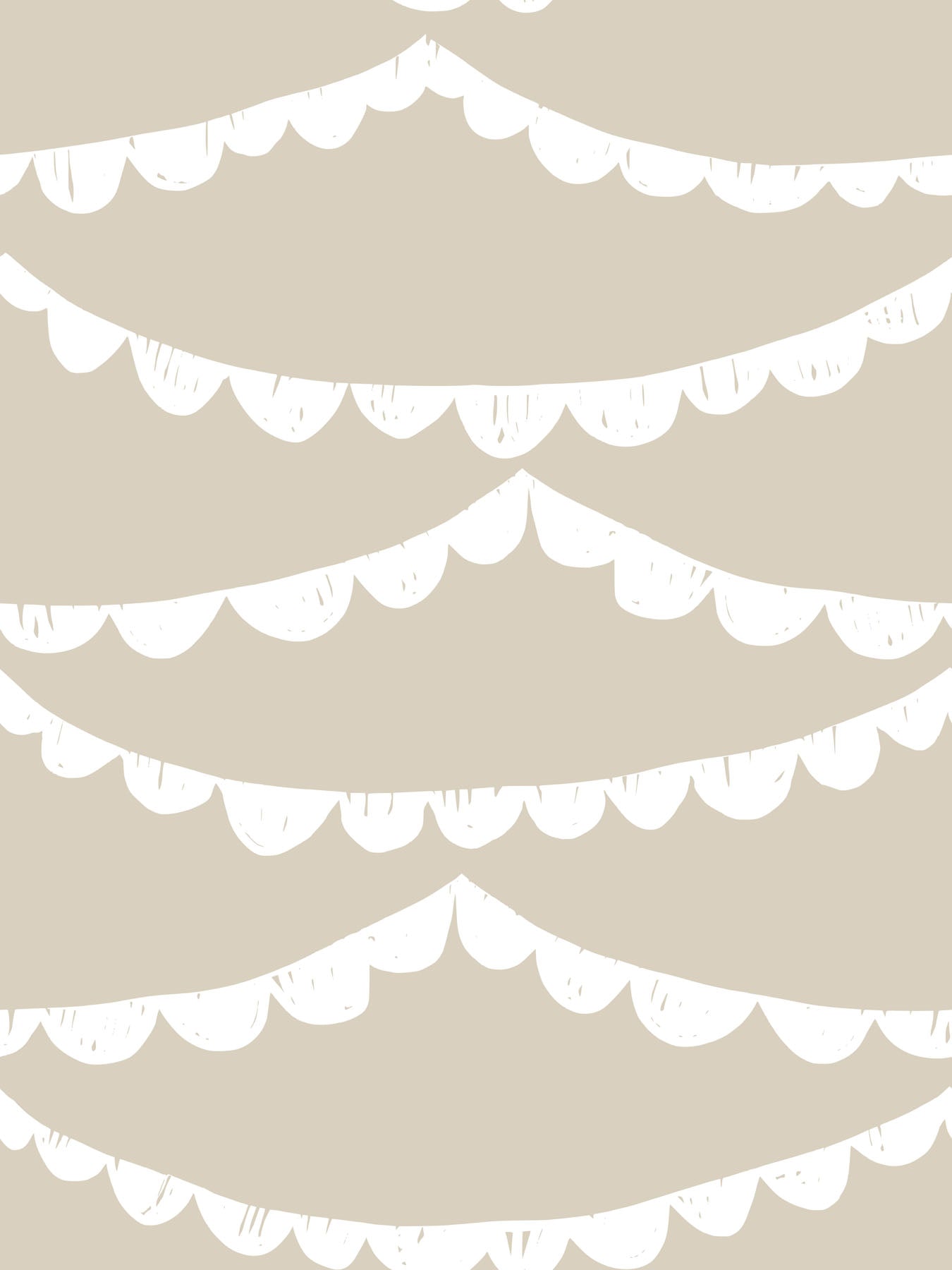 Wallpaper pattern with a beige background with white scalloped border pattern.