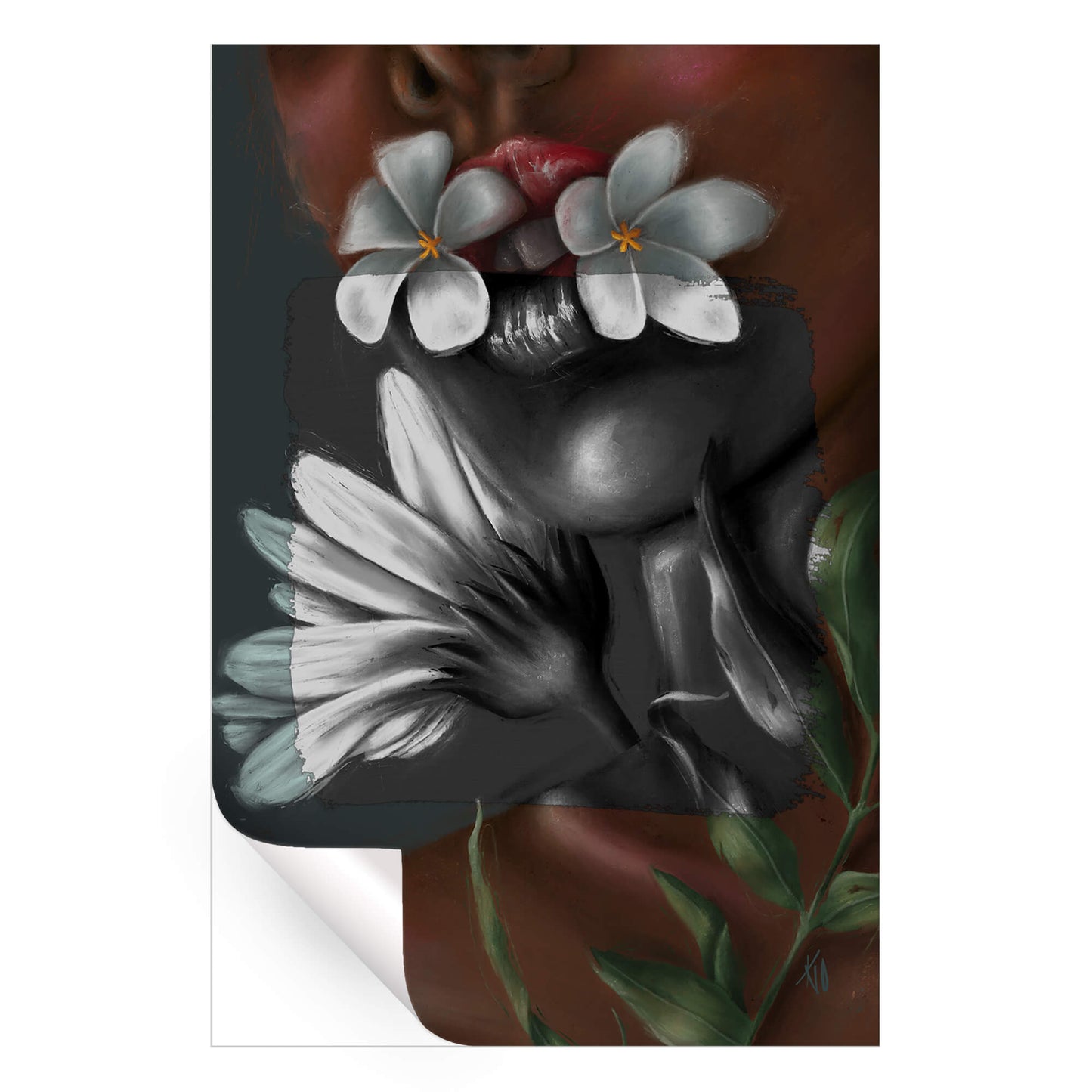 Black and white painting of a woman with floral designs, showcasing intricate details and contrast.