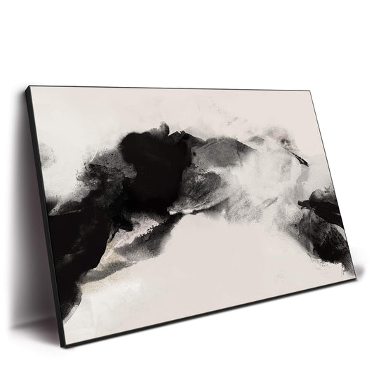 Abstract black and white ink artwork with swirling brushstrokes and a neutral background, evoking movement and contrast.
