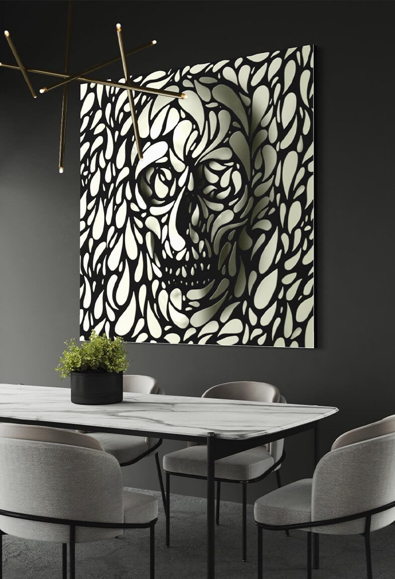 Huge black and white skull wall art made of geometric shapes looks 3D as it hangs on black wall in modern dinning room.