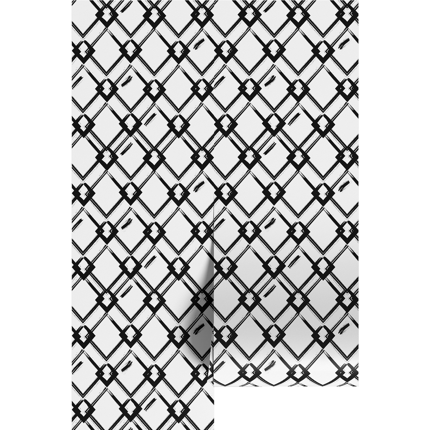 Black and white geometric art deco diamond wallpaper pattern on wallpaper panels.