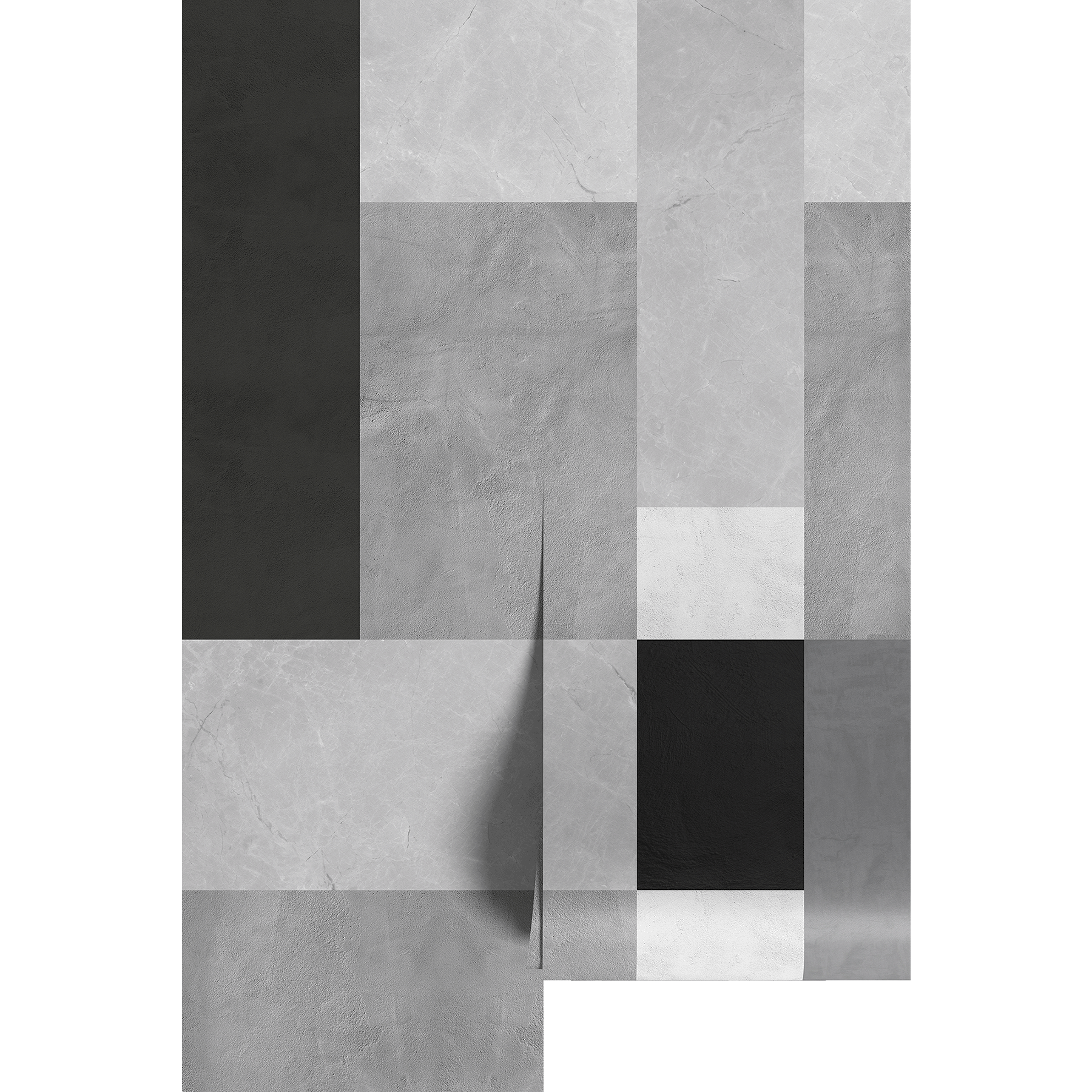 Abstract art piece with geometric shapes in black, white, and gray on wallpaper panels.