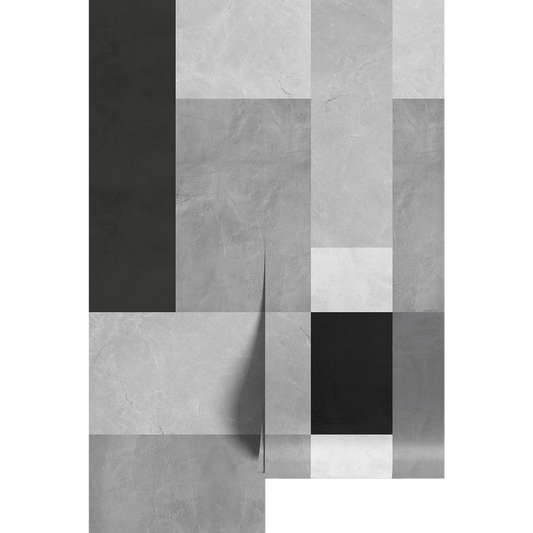 Abstract art piece with geometric shapes in black, white, and gray on wallpaper panels.
