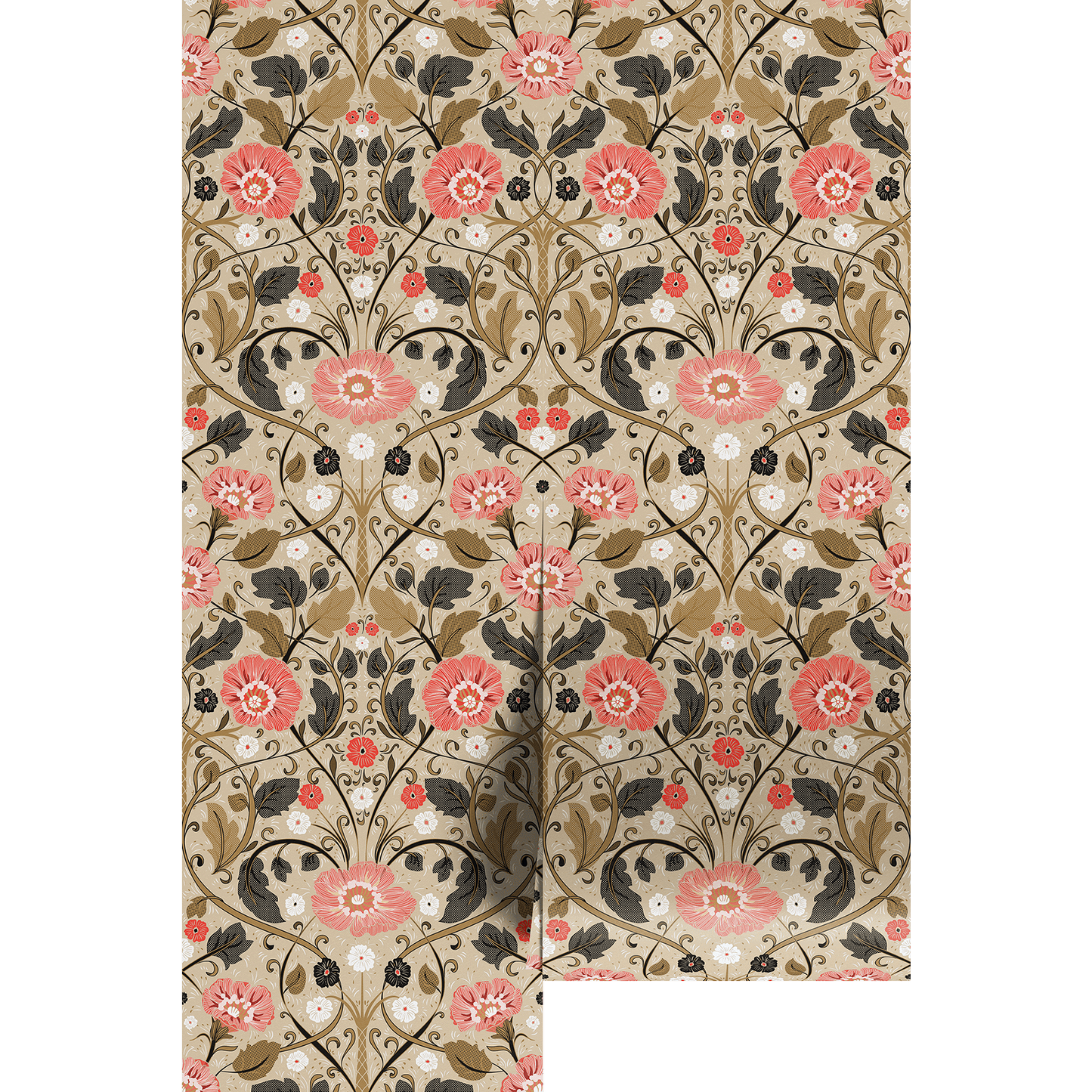 Seamless vintage floral wallpaper pattern with coral pink and ivory flowers, and scrolling dark foliage on a warm beige background, on wallpaper panels.