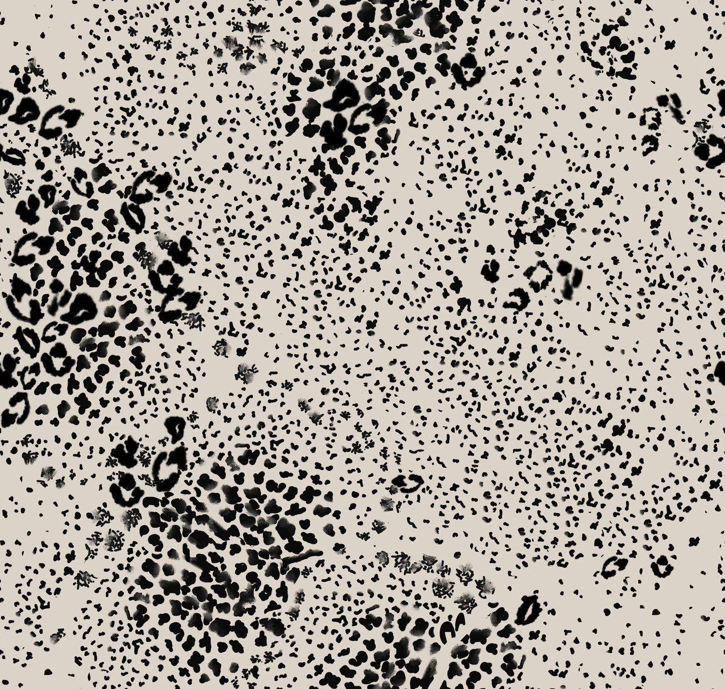 Black leopard print wallpaper with scattered spots and speckled details on a warm beige background.