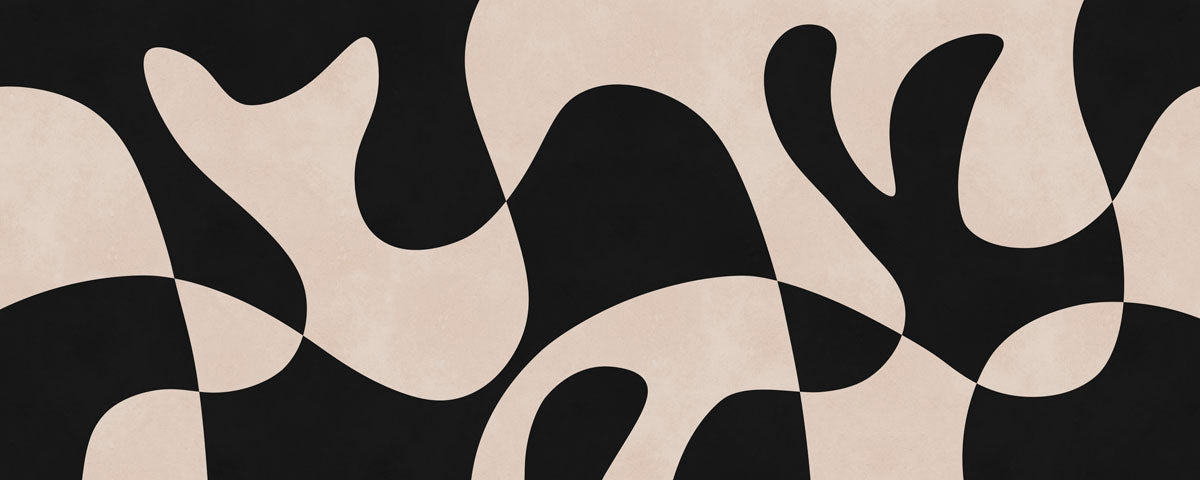Abstract pattern of black and beige shapes on a beige background.