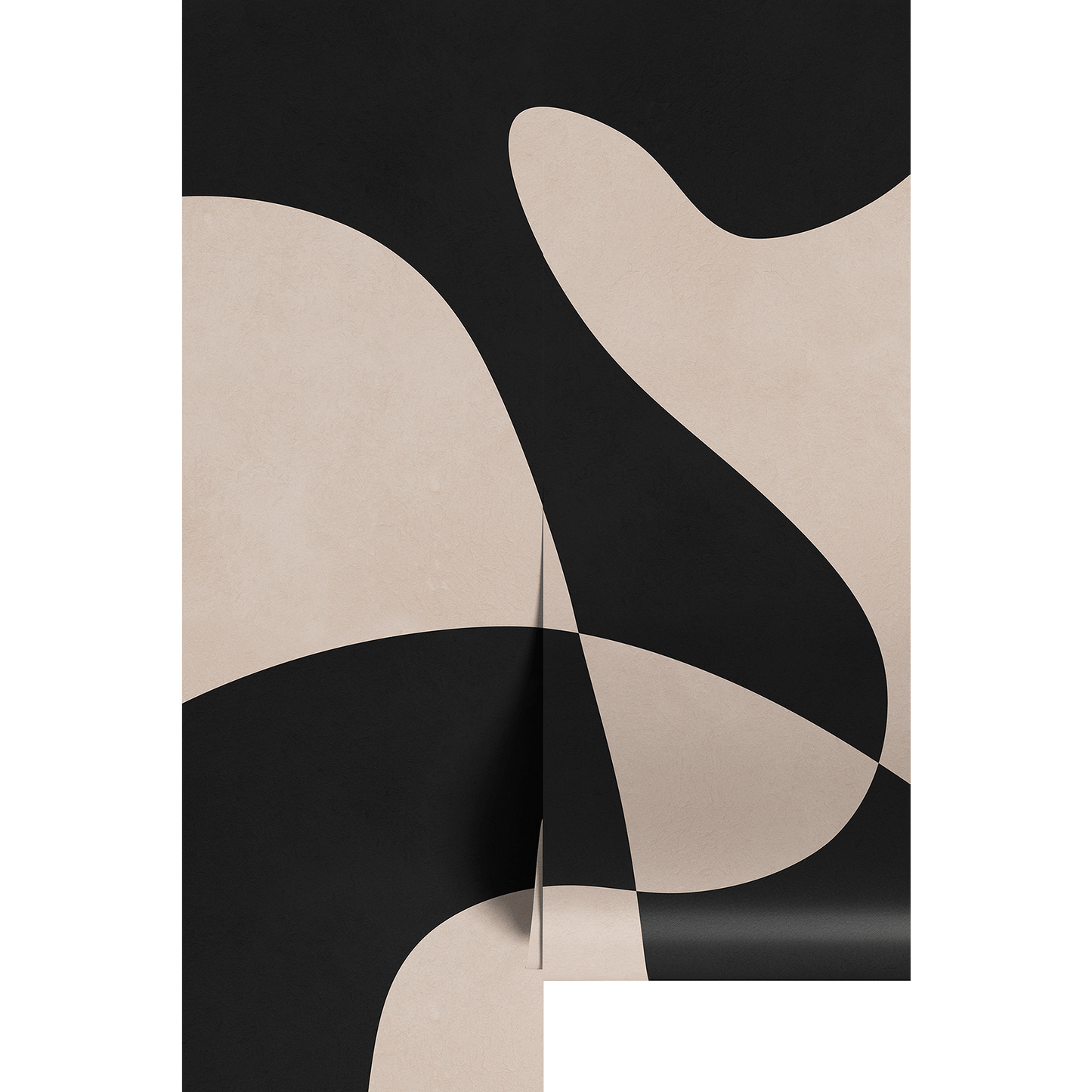 Abstract design with black and beige shapes on wallpaper panels.