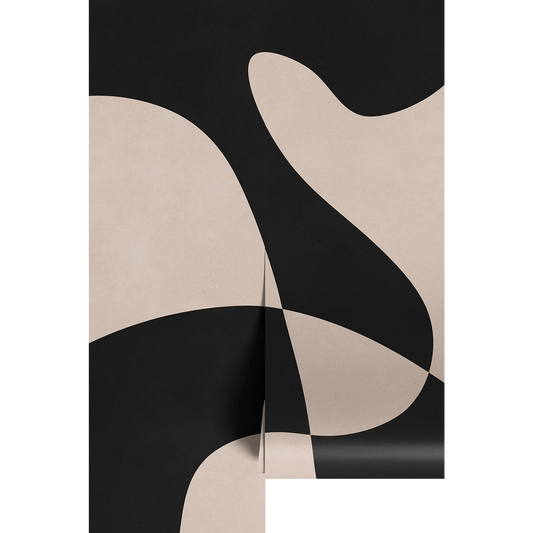 Abstract design with black and beige shapes on wallpaper panels.