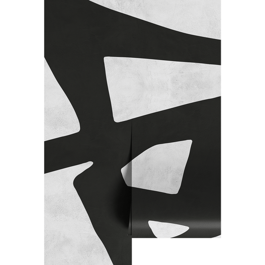 Abstract black and white pattern on a textured surface printed on wallpaper panels.