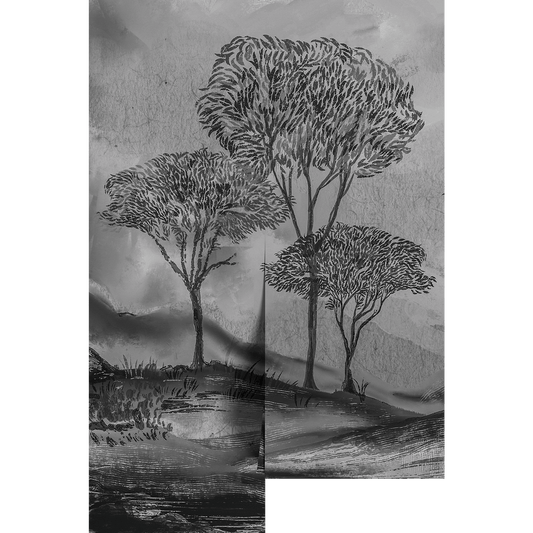 Black and white landscape with trees and water on a textured background