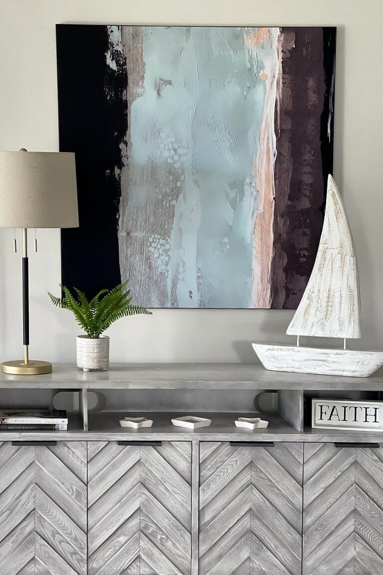 Blue Large Abstract Wall Art Above Grey Console Table