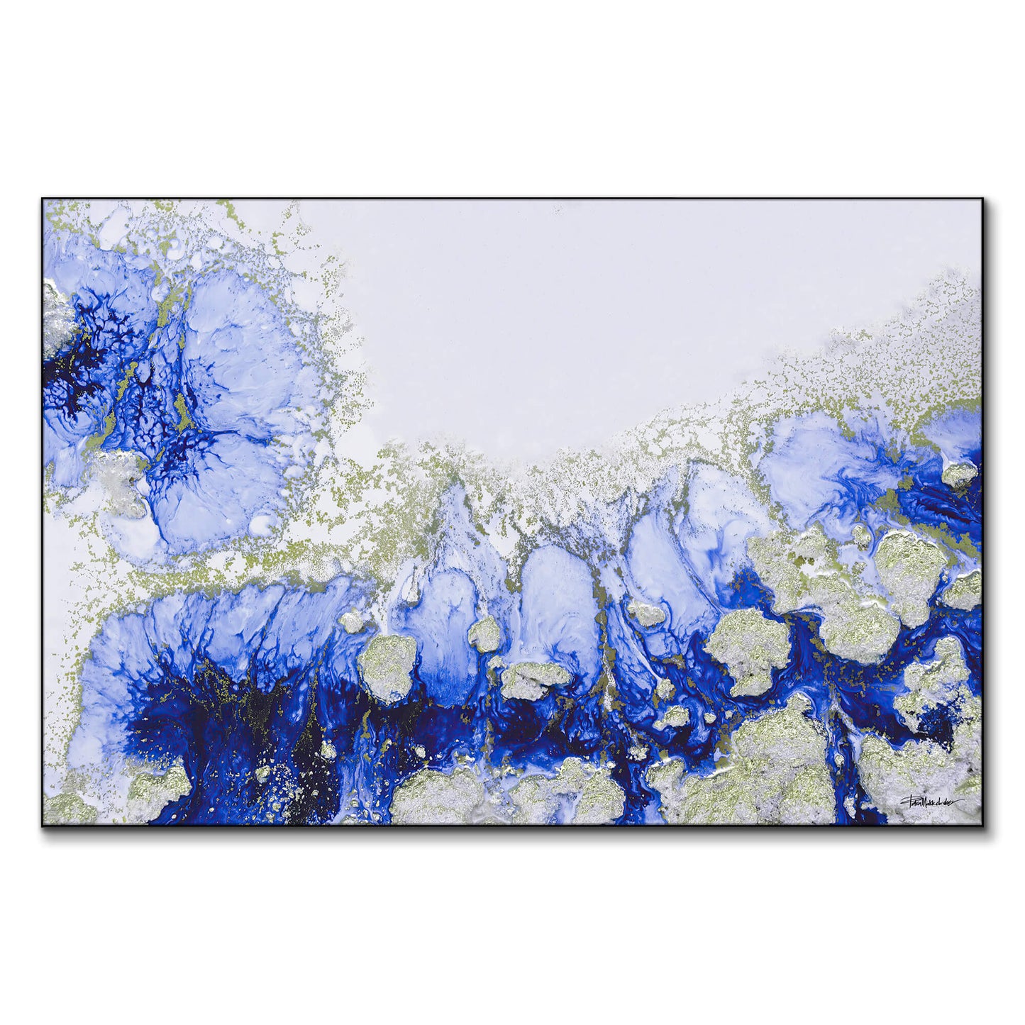 Abstract painting featuring swirling oceanic blues and bright silver accents, evoking a sense of calm water movement.