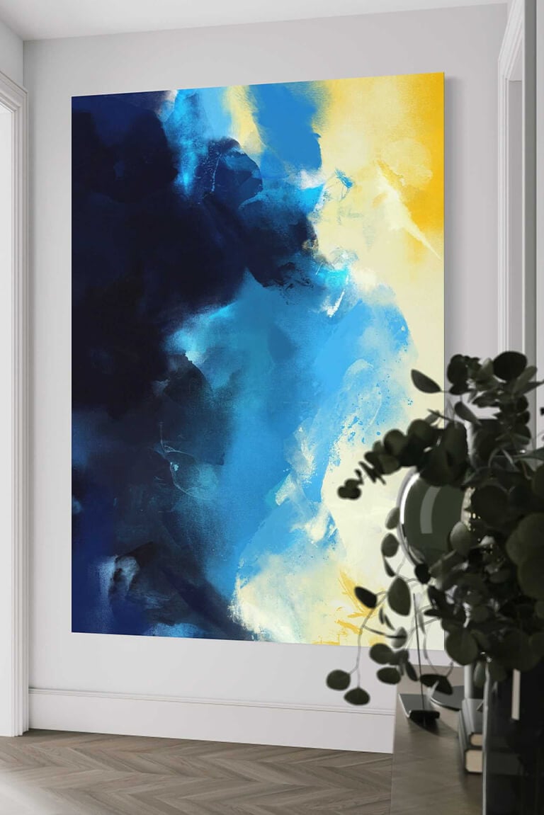 Blue and Yellow Large Abstract Wall Art Hung in Hallway