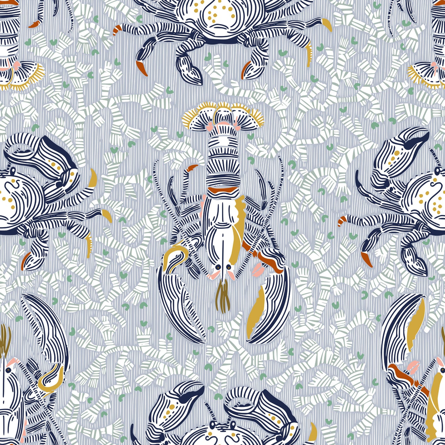 Stylized lobster and crab illustrated wallpaper design with light blue coral in the background.