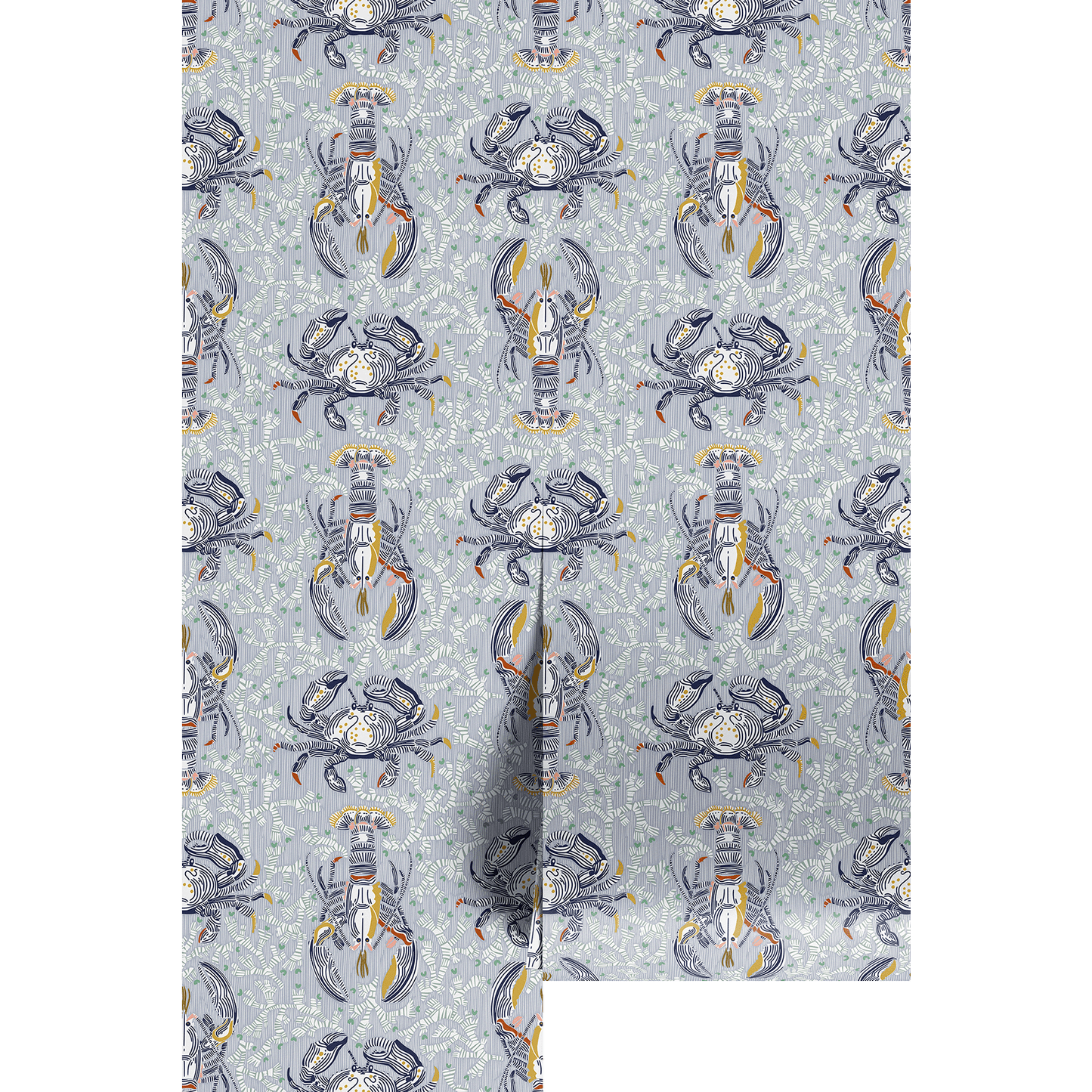 Light and dark blue, stylized lobster and crab wallpaper design on wallpaper panels.