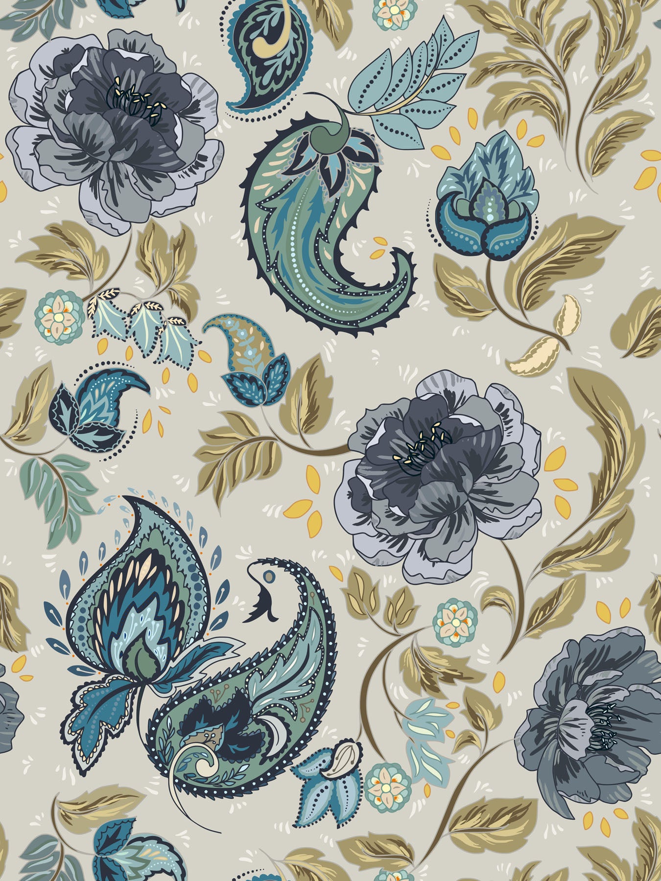 Floral and paisley wallpaper pattern with blue, green, and beige colors on a light sage background.