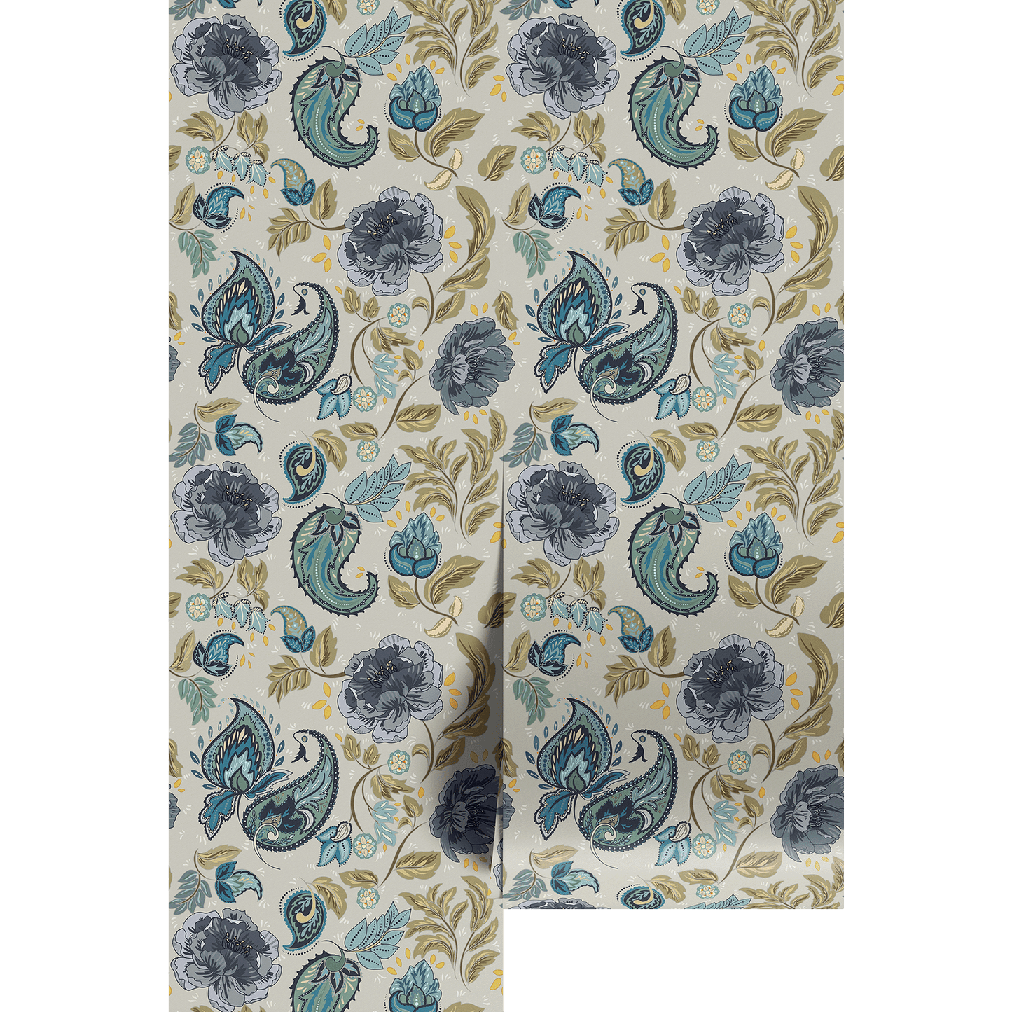 Blue, green, and beige floral and paisley pattern on wallpaper panels.