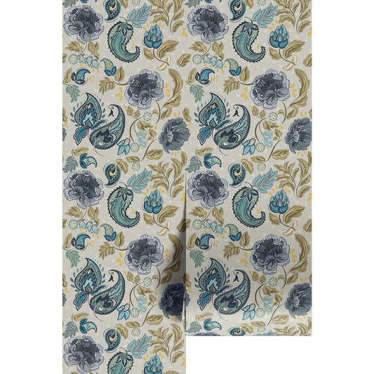 Blue, green, and beige floral and paisley pattern on wallpaper panels.
