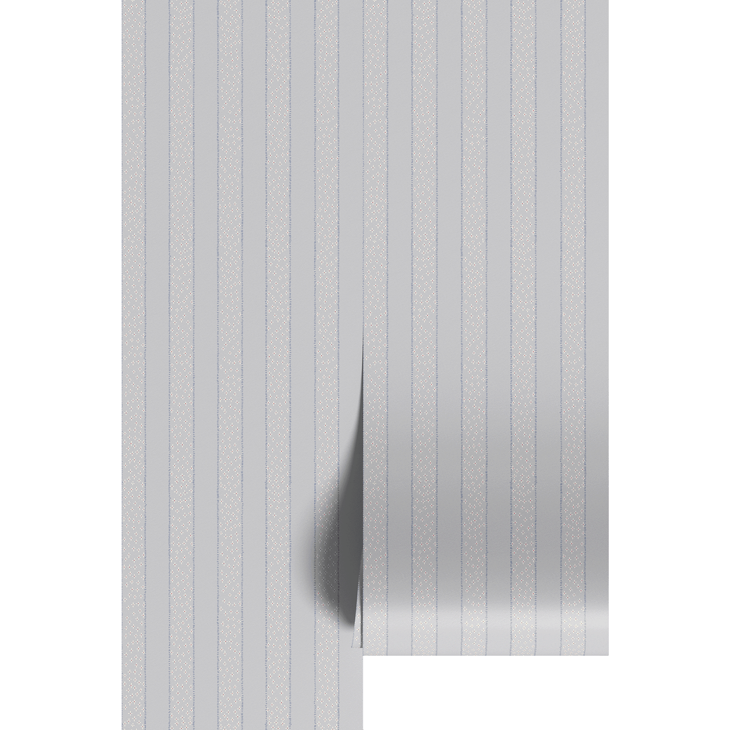 Light blue vertical stripes with small white floral detail wallpaper panels.