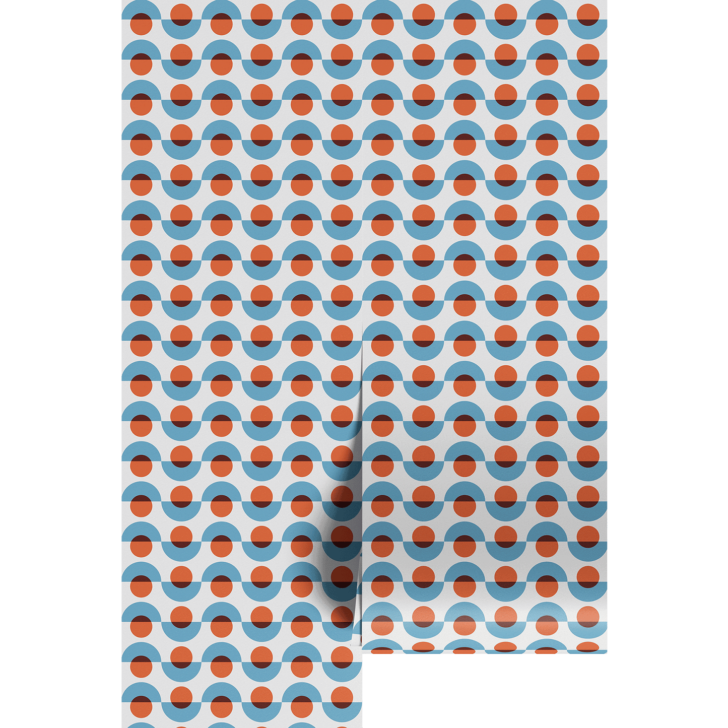 Patterned paper with blue and red circles on wallpaper panels.