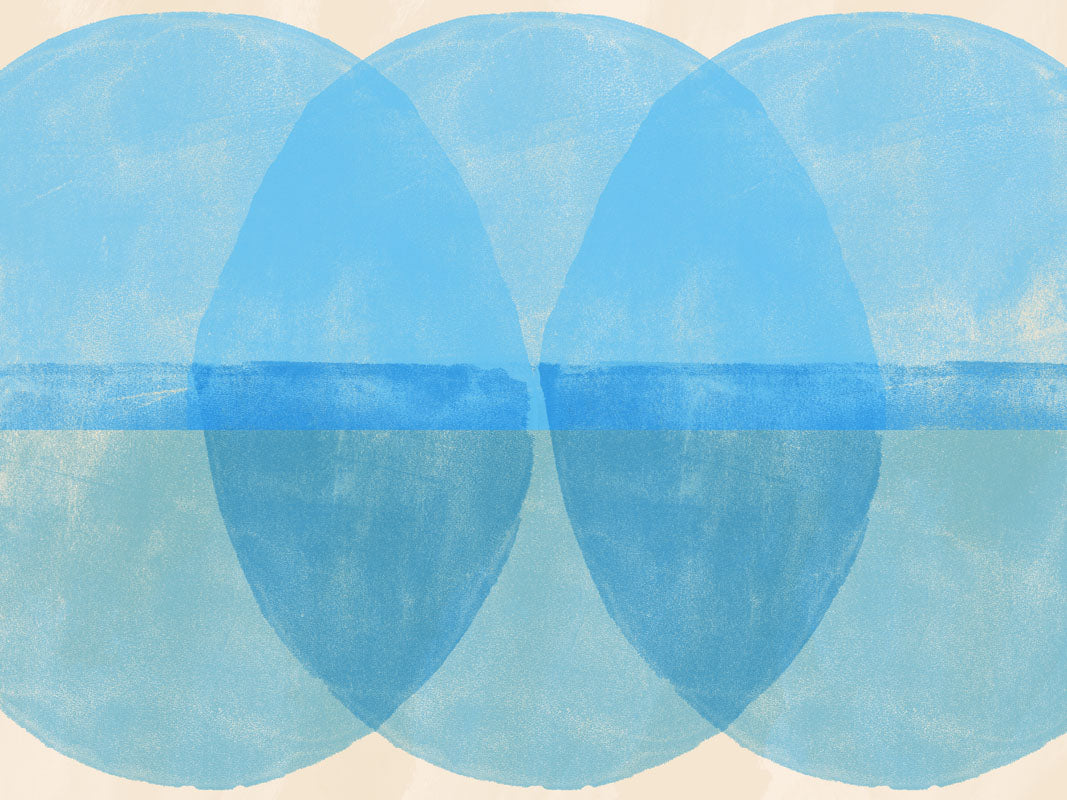 Watercolor abstract art with blue circular shapes on a beige background.