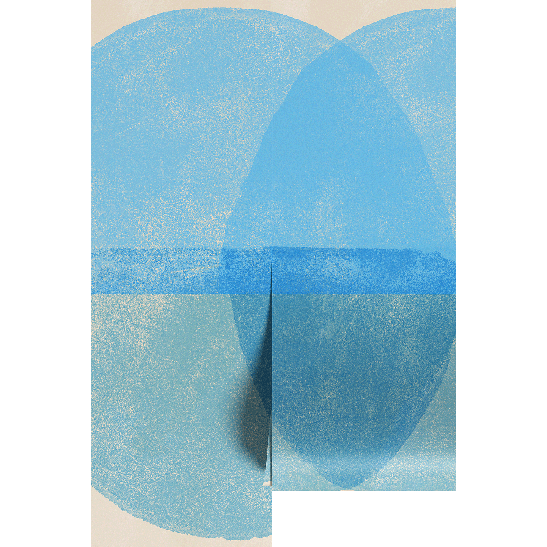 Abstract art piece with blue circular shapes on a beige background.