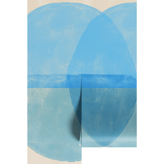Abstract art piece with blue circular shapes on a beige background.