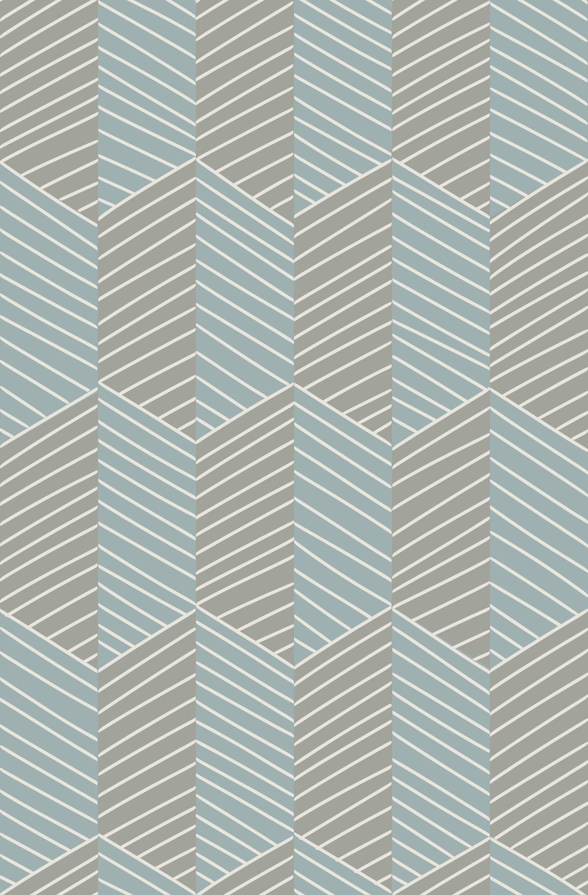 Blue and gray cubed geometric wallpaper pattern with white lines. 