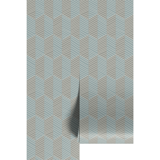 Gray and teal diamond geometric pattern with white lines on wallpaper panels.