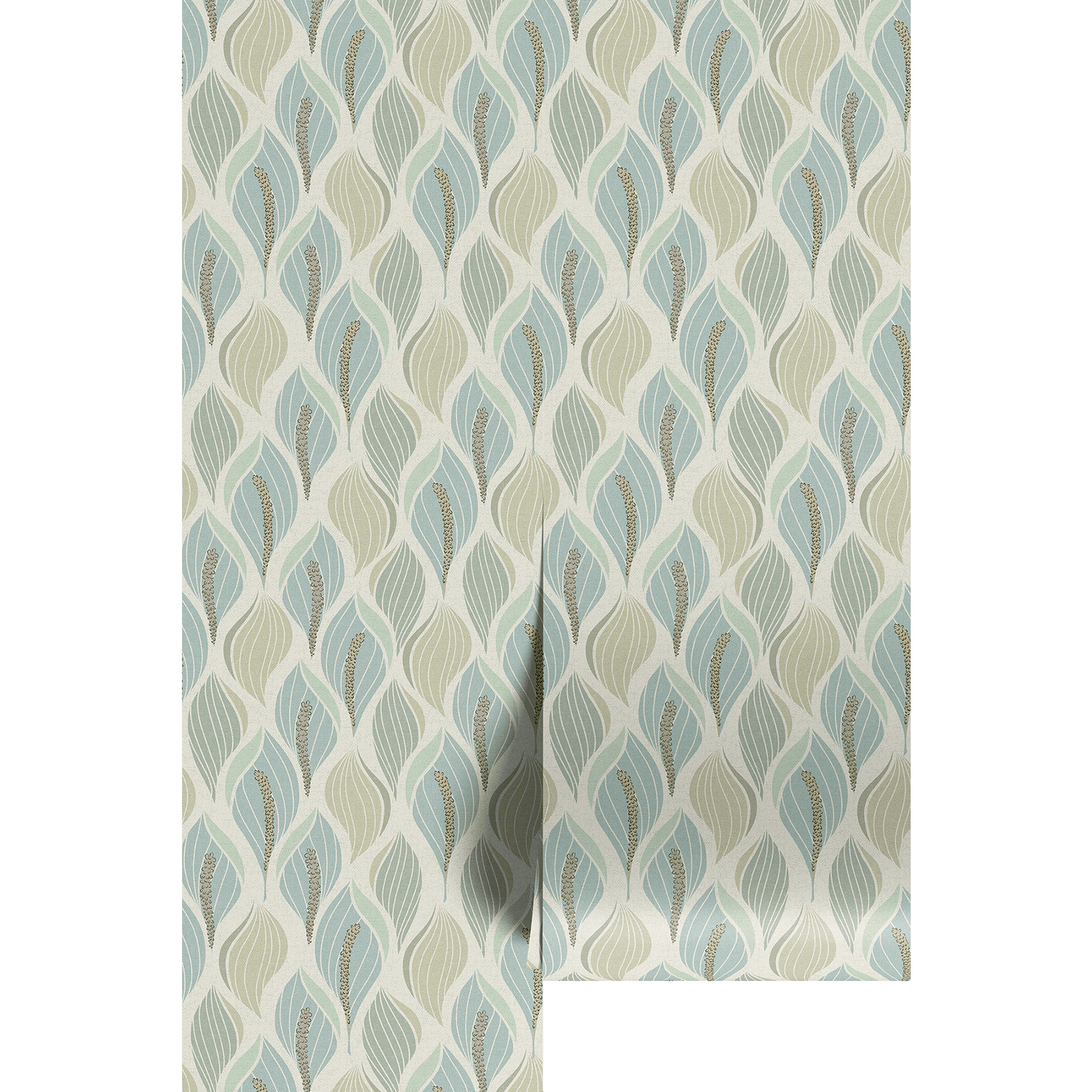 Lily pattern in teal and sage green on wallpaper panels.