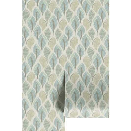 Lily pattern in teal and sage green on wallpaper panels.
