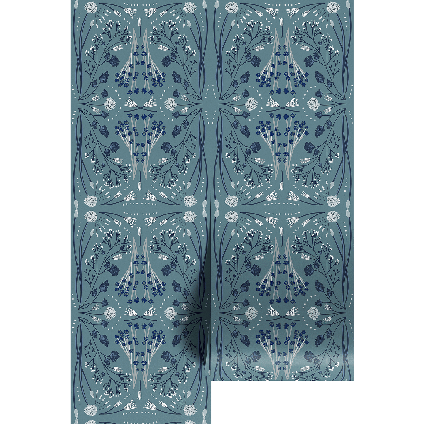 Teal, blue, and white floral patterned wallpaper panels.