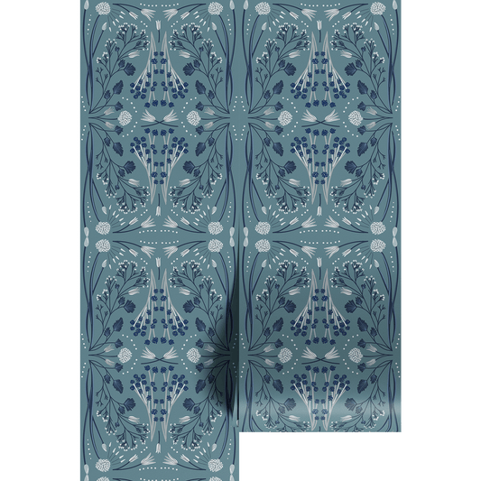 Teal, blue, and white floral patterned wallpaper panels.